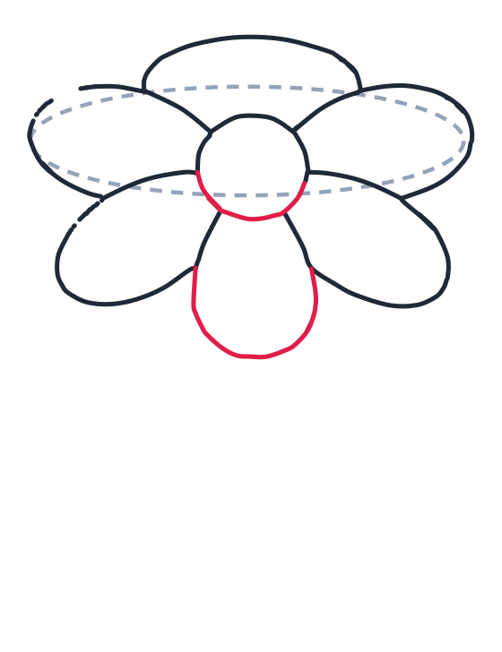 Drawing a flower, step 6: Finish the circle in the middle with a curved line. Draw a rounded teardrop under it for the bottom petal.