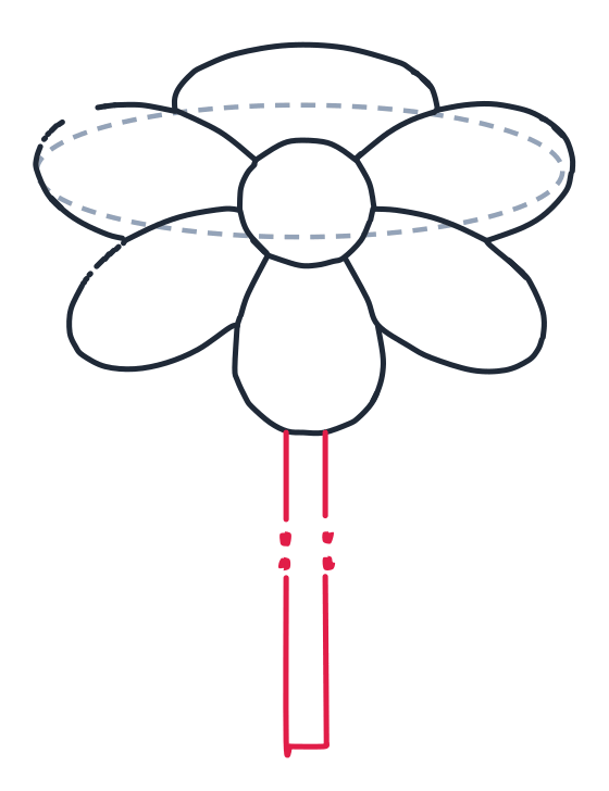 Drawing a flower, step 7: Draw two straight parallel lines down from the flower for the stem. Close the bottom with a short straight line.