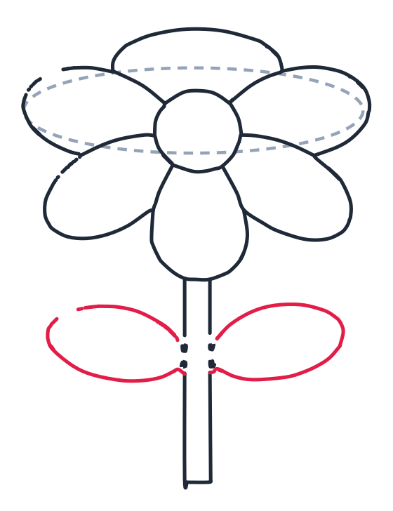 Drawing a flower, step 8: Draw a sideways oval on the left for a leaf and another on the right. Make them touch the stem.