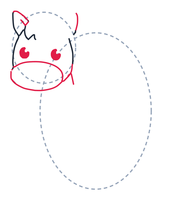 Dibujando un caballo, paso 3: Dibuja dos círculos pequeños para los ojos. Añade un óvalo ancho en la parte baja de la cara para el hocico.