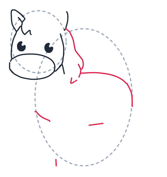Dibujando un caballo, paso 4: Dibuja una línea curva larga desde la cabeza hacia abajo y atrás para el cuello y el lomo hasta la grupa. Añade una línea curva corta bajo el cuello para el pecho.
