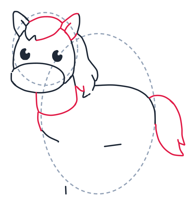 Dibujando un caballo, paso 5: Dibuja un mechón curvo encima de la cabeza para la crin. Añade una forma de U grande para el frente del cuello y el pecho, y una forma de gota atrás para la cola.