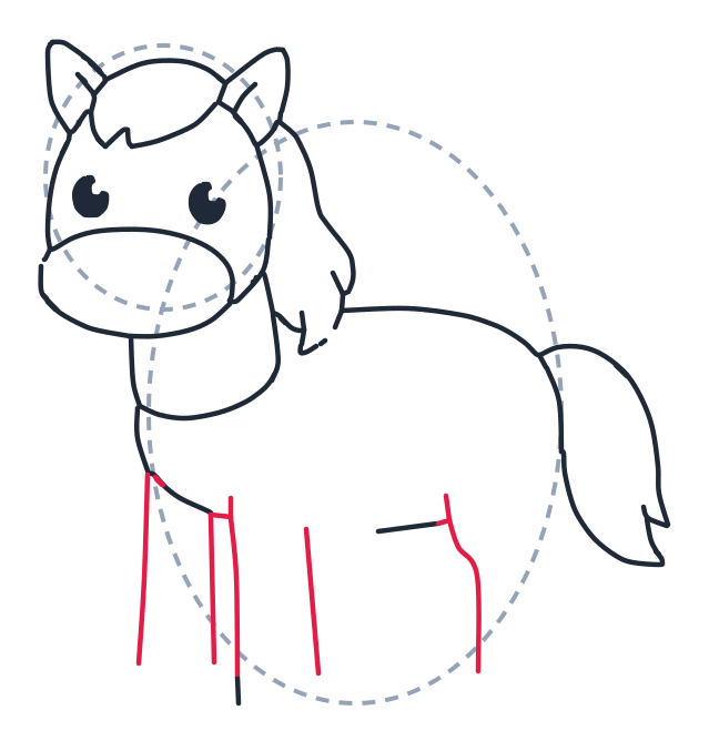 Dibujando un caballo, paso 6: Dibuja dos líneas rectas hacia abajo para la pata delantera cercana y una línea recta más corta a su lado para empezar la otra pata delantera. Añade una línea curva para iniciar la pata trasera.