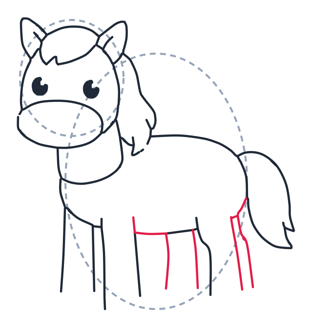 Dibujando un caballo, paso 7: Dibuja una línea curva suave para la barriga uniendo las patas. Añade dos líneas largas para formar la pata trasera cercana y la pata trasera lejana.