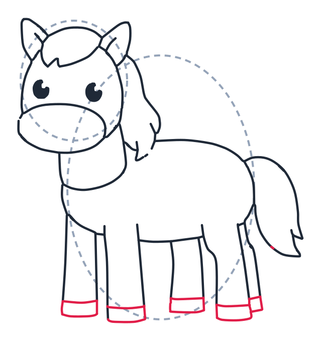 Dibujando un caballo, paso 8: Añade rectángulos cortos en la parte inferior de las cuatro patas para las pezuñas.