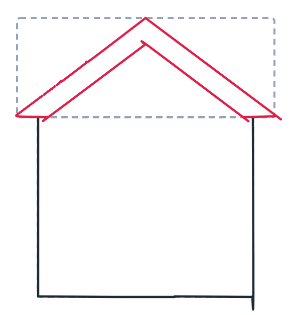 Drawing a house, step 3: Draw two long slanted lines that meet at the top to make a big triangle roof. Add a smaller V shape underneath for the roof edge.
