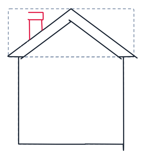 Drawing a house, step 4: Draw two short vertical lines for the chimney. Add a small skinny rectangle on top for the cap.