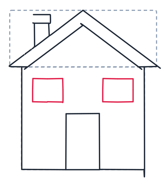 Drawing a house, step 6: Draw two squares for the windows, one on each side. Keep them the same size.
