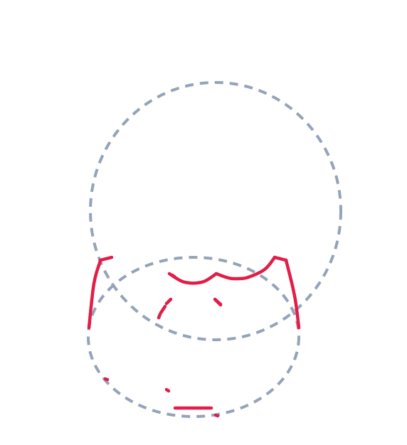 Drawing a lion, step 2: Draw a wavy curved line across the top of the lower oval for the bottom of the mane. Add two short side lines on left and right, plus two tiny dashes and a short line on the tummy.