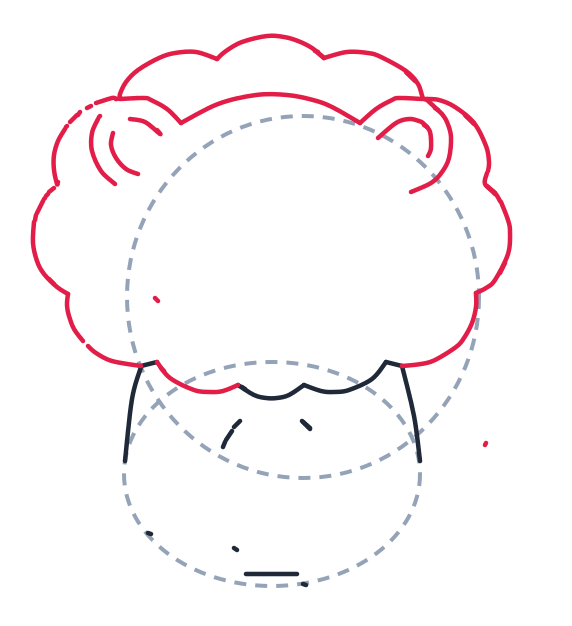 Drawing a lion, step 3: Draw a big fluffy cloud shape around the head to finish the mane. Add small curved lines inside both ears.