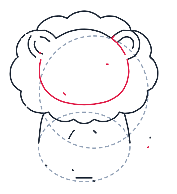 Drawing a lion, step 4: Draw a large oval inside the mane for the face.