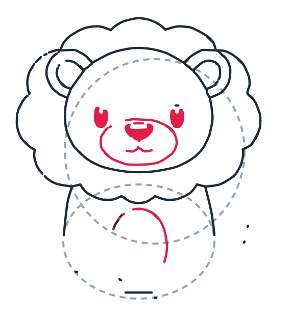 Drawing a lion, step 6: Draw two small oval eyes. Add a tiny nose, a short line, and a smiling mouth inside a big oval muzzle, plus a big U shape on the belly.