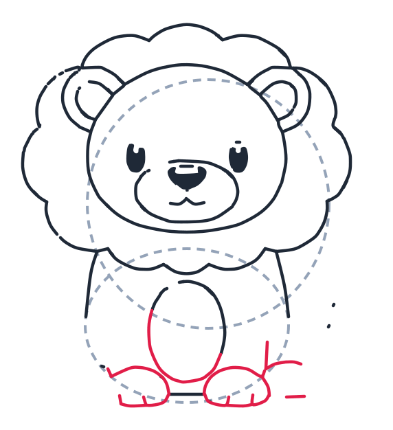Drawing a lion, step 7: Draw two round ovals at the bottom for front paws, each with three short toe lines. Add a tiny ground line under them.
