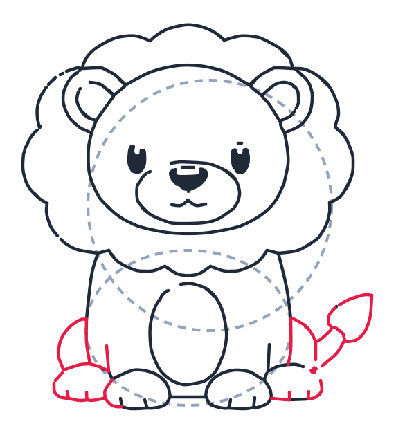 Drawing a lion, step 8: Add a curved line behind each paw for the back legs, with three short toe lines. Draw a curvy tail ending in a small diamond leaf.
