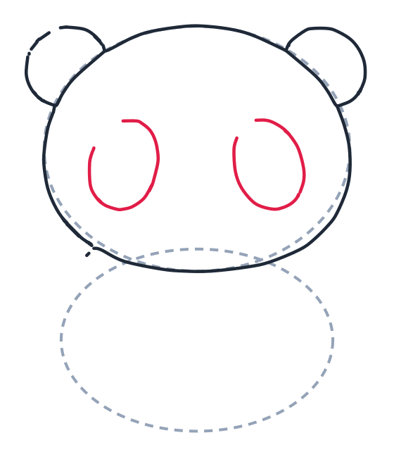 Dibujando un panda, paso 4: Dibuja dos óvalos grandes para las manchas de los ojos, uno a cada lado.