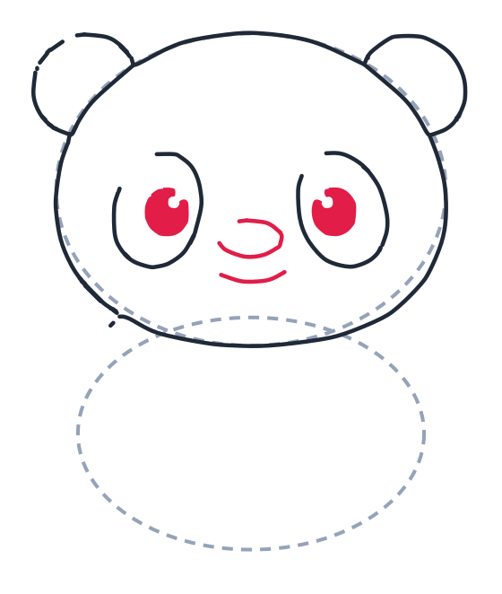 Dibujando un panda, paso 5: Rellena un ojo redondo dentro de cada mancha, dejando un brillito blanco. Agrega una naricita ovalada, una curva corta debajo y una sonrisa más abajo.