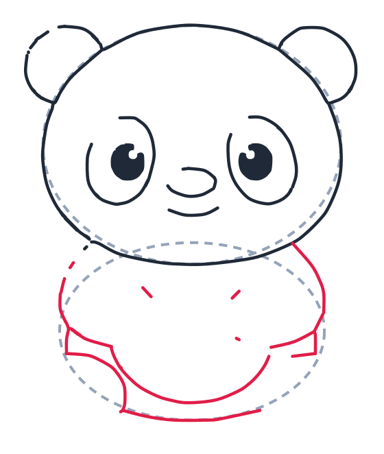 Dibujando un panda, paso 6: Dibuja el cuerpo: una curva con ondas a cada lado y una gran forma de U en el centro para la panza.
