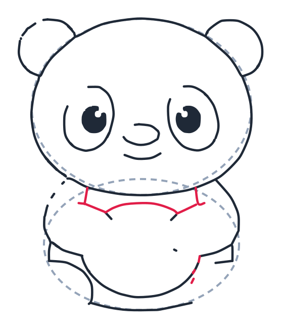 Dibujando un panda, paso 7: Agrega una línea curva sobre la parte alta de la panza y dos líneas rectas cortas hacia arriba para iniciar los brazos.