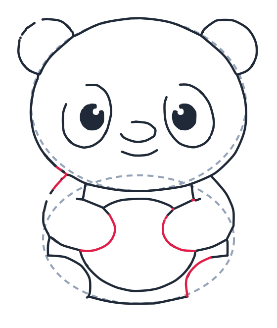 Dibujando un panda, paso 8: Dibuja dos grandes formas de C a cada lado de la panza para las patas, y pequeñas curvas laterales en el cuerpo.