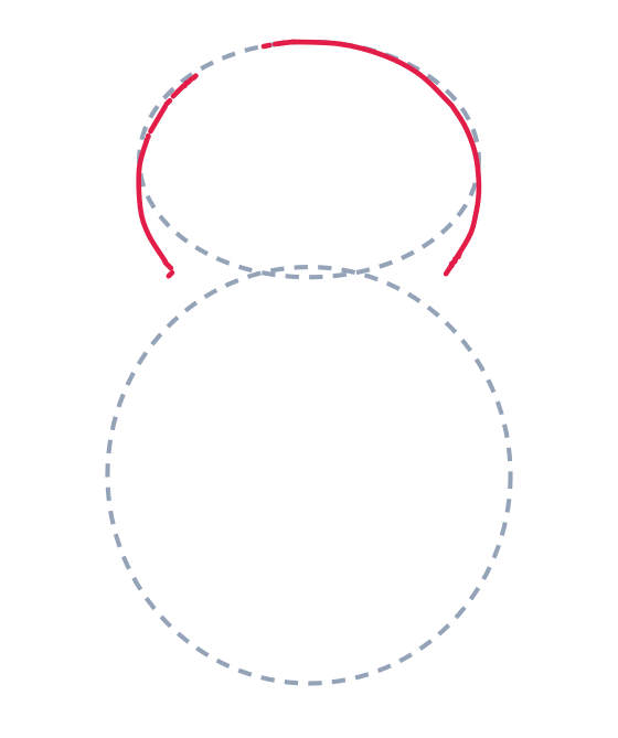 Drawing a penguin, step 2: Draw a curved line over the top of the head, plus two short curved lines down the sides.