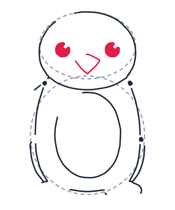 Drawing a penguin, step 4: Fill in two round eyes near the top of the head, leaving a little white shine in each. Then add a small triangle beak between them, pointing down.