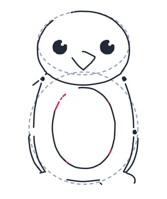 Drawing a penguin, step 5: Add a few short curved lines along the edge of the belly oval to complete it.