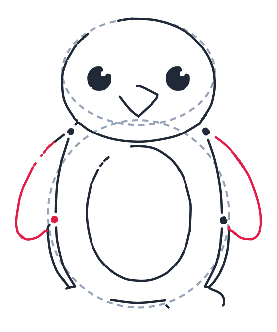 Drawing a penguin, step 6: Draw two long U shapes on the sides for the flippers.