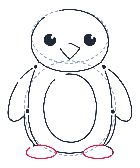 Drawing a penguin, step 7: Draw two flat ovals at the bottom for the feet.