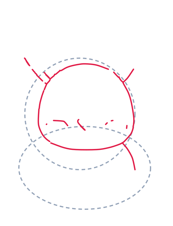 Drawing a rabbit, step 2: Outline the head with a big rounded shape and a curved chin. Add two tiny cheek dashes and a small curve in the middle.