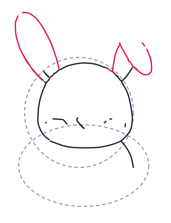 Drawing a rabbit, step 3: Draw a tall long oval ear on the left. Add a bent ear on the right with a point and a curved tip.