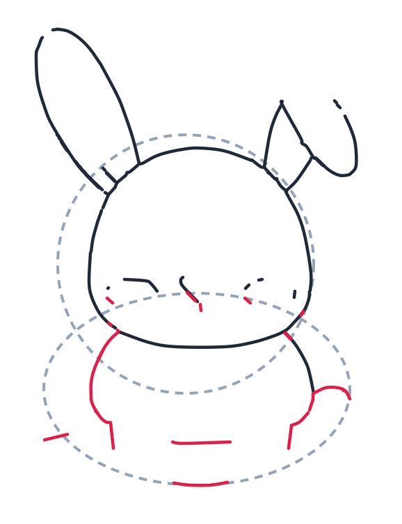 Drawing a rabbit, step 4: Draw two big curved lines for the shoulders and sides. Add two short arm-end lines, two small belly curves, and one longer curve below.