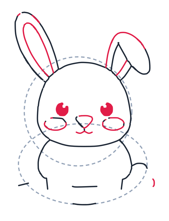 Drawing a rabbit, step 5: Add two circle eyes, a small triangle nose, and a tiny wavy mouth. Draw the inner left ear, the outer curve of the right ear, and two oval cheeks.
