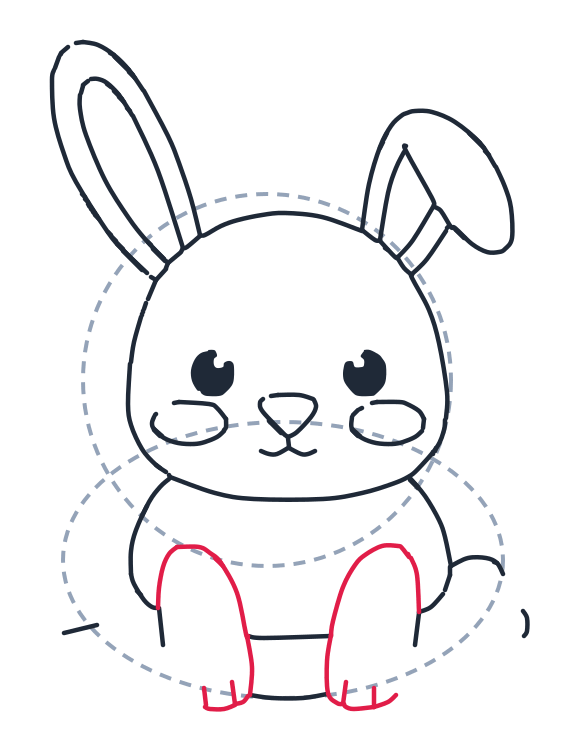 Drawing a rabbit, step 6: Draw two tall U shapes for the front feet. Add three short toe lines on each foot.