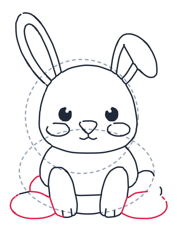 Drawing a rabbit, step 7: Add two big flat ovals on the ground for the back feet, one on each side.