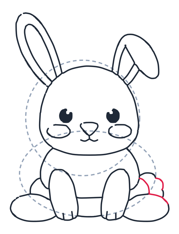 Drawing a rabbit, step 8: Draw a small fluffy tail, two bump curves on the right side.