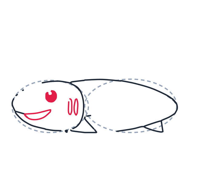 Drawing a shark, step 4: Draw a circle for the eye, a curved smile with a second curve under it, and two thin oval gill slits.