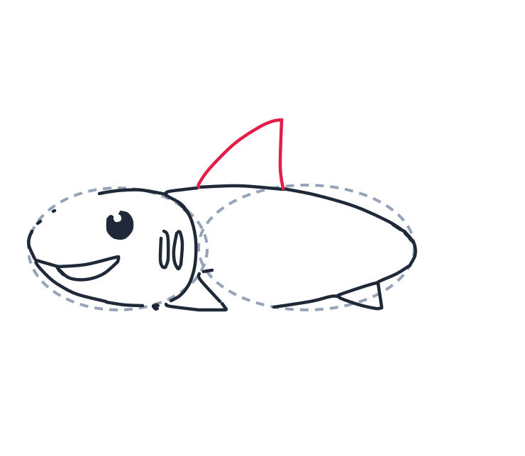 Drawing a shark, step 5: On top, draw a tall triangle for the dorsal fin.