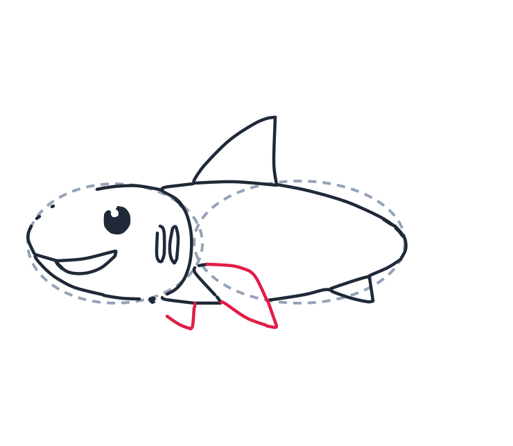 Drawing a shark, step 6: Add a big curved triangle on the side for the fin. Draw a short curved line under the head.