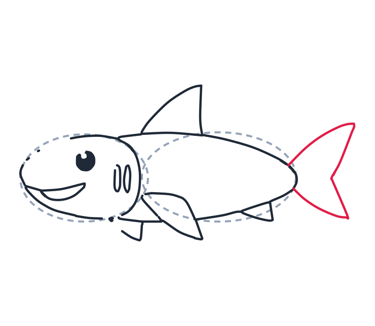 Drawing a shark, step 7: Draw a wide V tail with two long triangles meeting at the back.