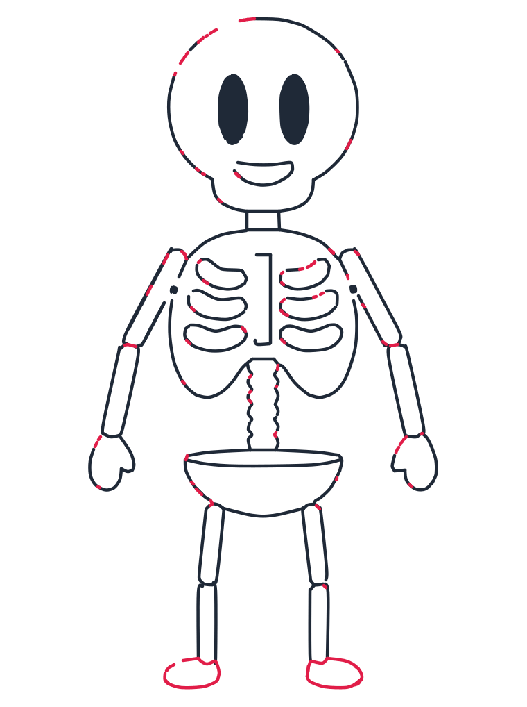 Drawing a skeleton, step 10: Draw two rounded foot shapes at the bottoms of the legs. Add small curved lines to smooth the head, ribs, joints, and pelvis.