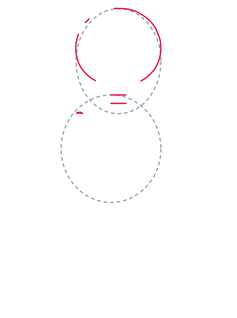 Drawing a skeleton, step 2: Trace most of the head circle, leave a gap at the bottom. Add two short horizontal neck marks on top of the lower oval.