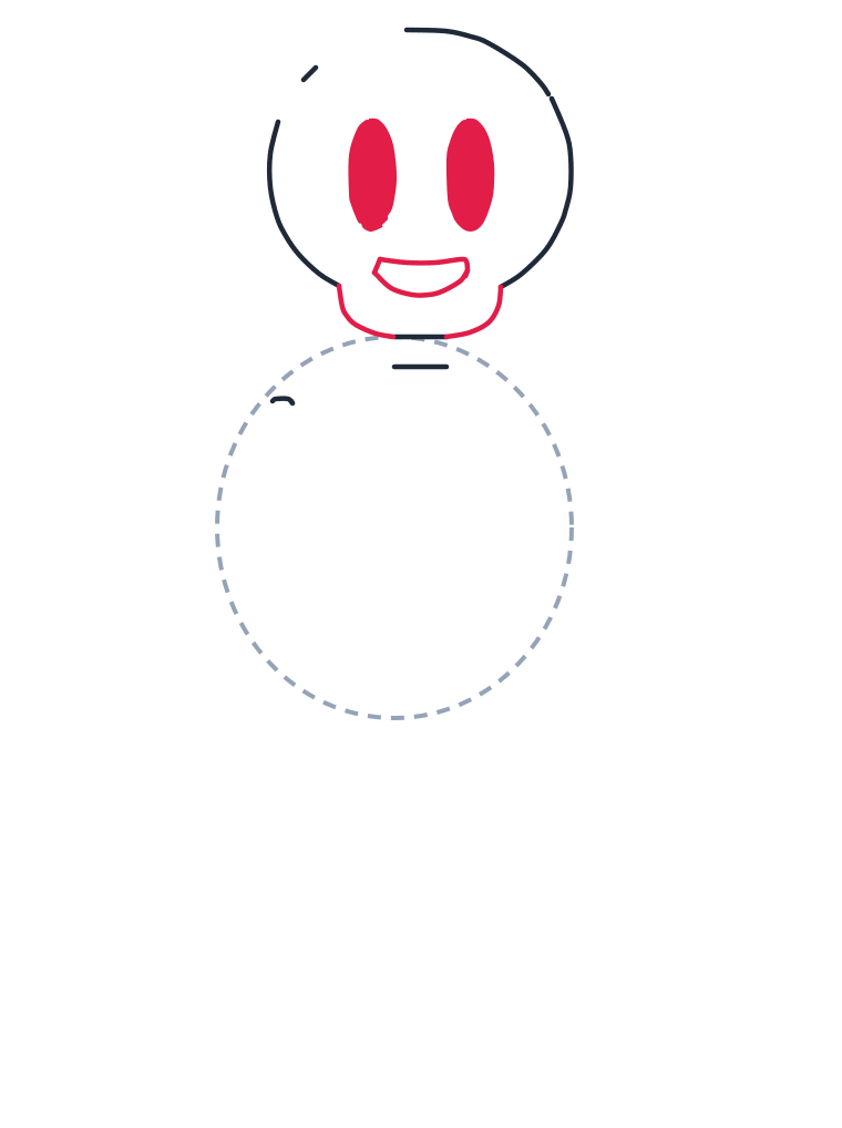 Drawing a skeleton, step 3: Draw two tall ovals for eyes. Add a small curved smile and a wide U shape for the lower jaw.