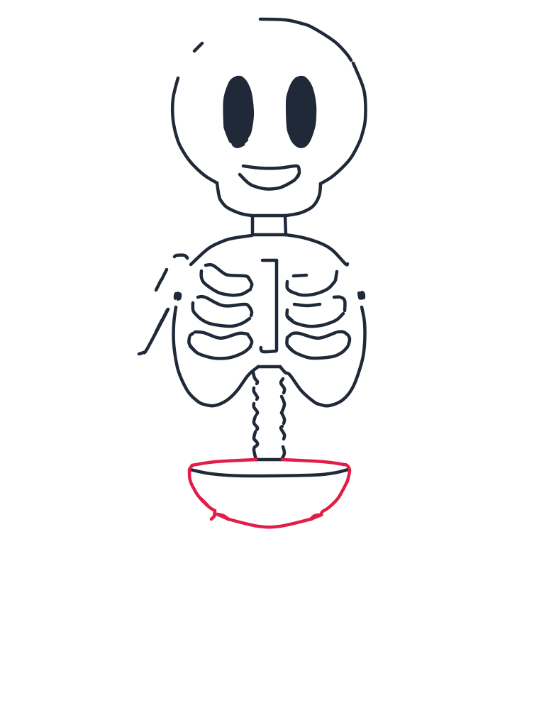 Drawing a skeleton, step 6: Draw a thin oval rim and a wide U shape below it to make the rounded pelvis.