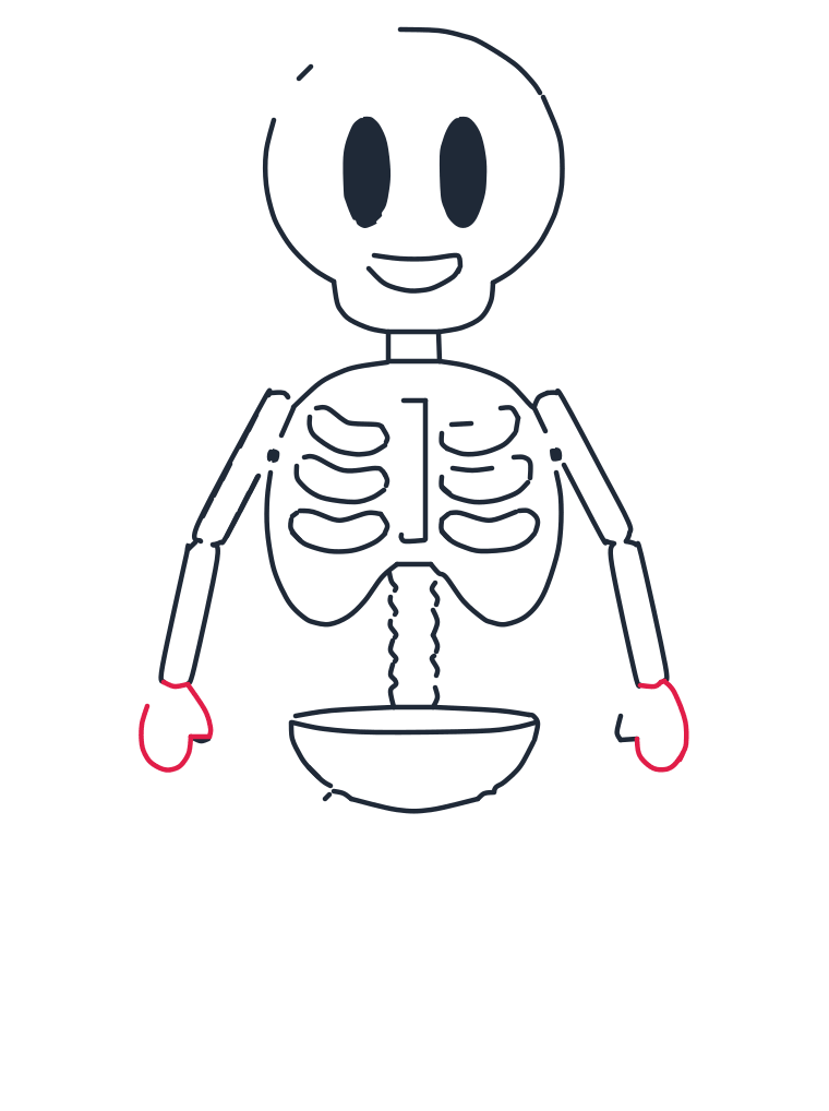 Drawing a skeleton, step 8: At the ends, draw rounded mitten shapes for the hands.
