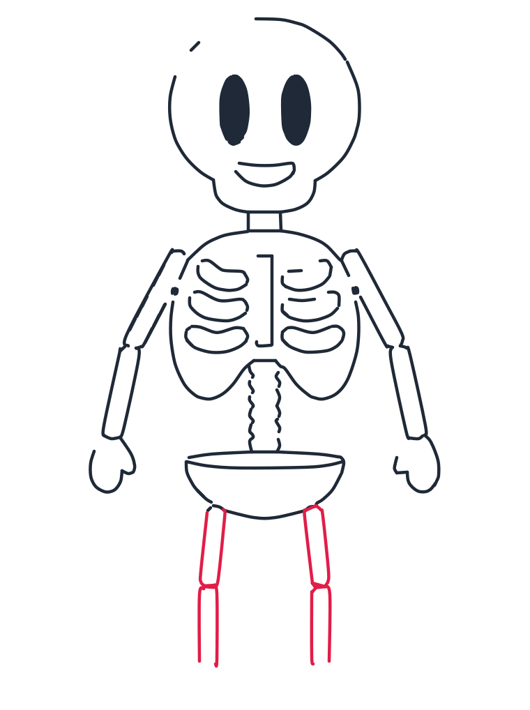 Drawing a skeleton, step 9: Under the pelvis add two long rectangles for upper legs, then two more long rectangles for lower legs.