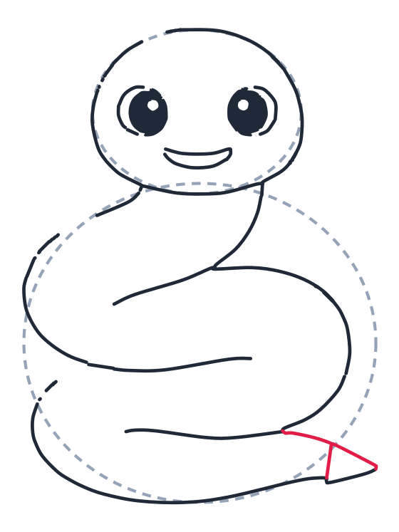 Dibujando una serpiente, paso 7: Dibuja un triángulo pequeño en la punta de la cola, con la punta hacia afuera. Agrega una línea curva corta para unirlo a la cola.