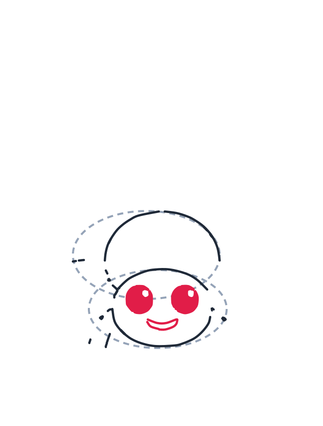Drawing a spider, step 4: Add two big circles for eyes on the head, then a small curved U shape for the smiling mouth.