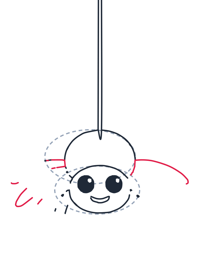 Drawing a spider, step 6: Draw a short curved leg on the left side of the body. Draw a long curved leg on the right, arcing outward.