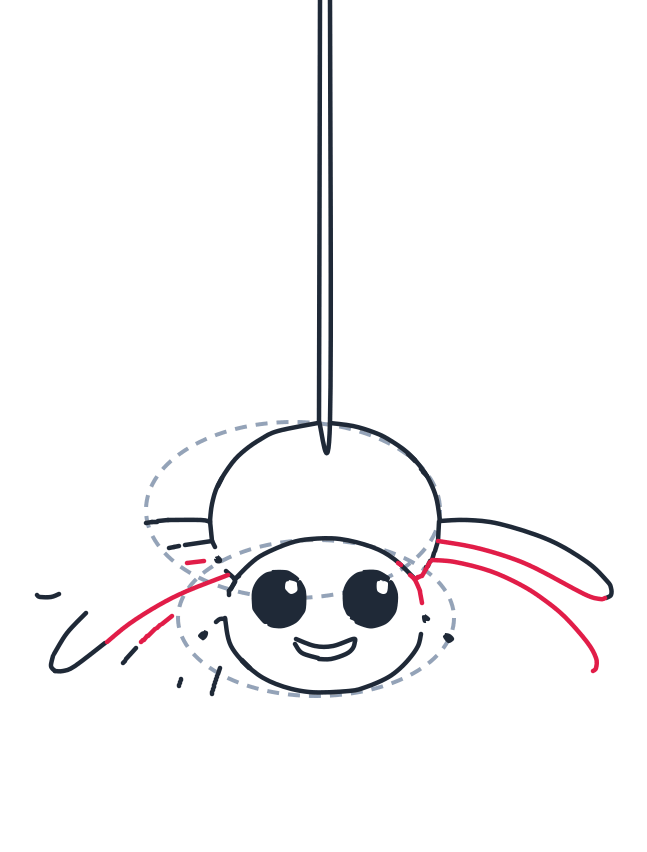 Drawing a spider, step 7: Add a long curved leg on the left, sweeping down. Add another curved leg on the right just below the first right leg.