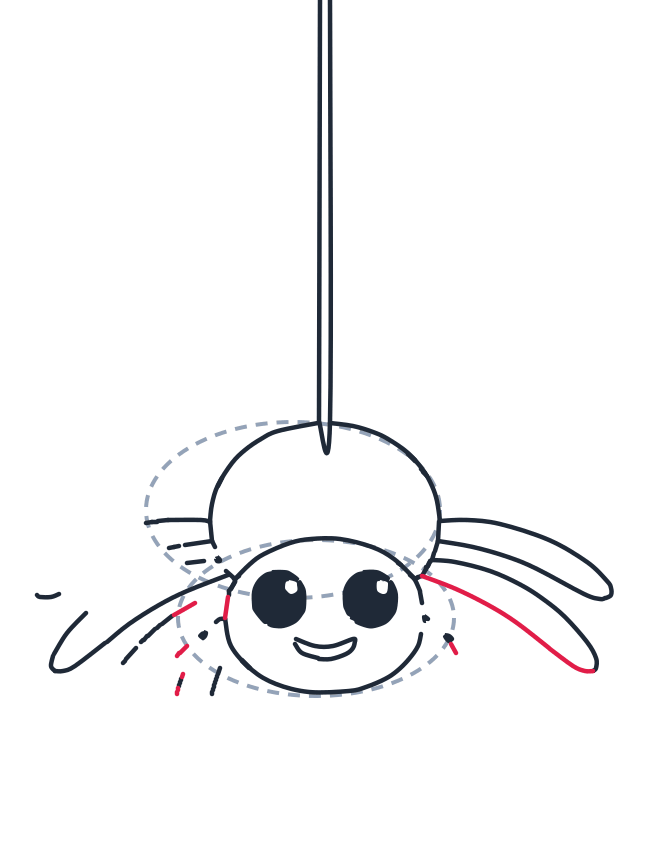 Drawing a spider, step 8: Draw a third long curved leg on the right, lower than the others.